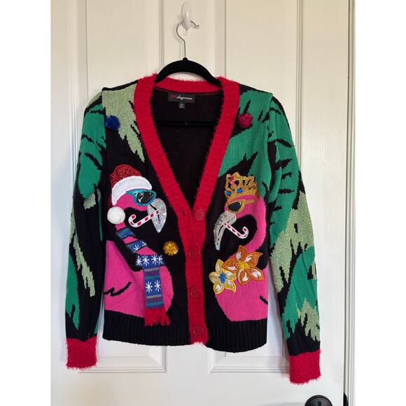 33 Degrees Flamingo Holiday Sweater Funny Small Christmas Ugly Cardigran - Picture 1 of 6